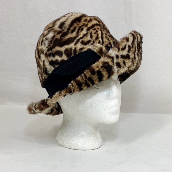 Vintage 60s 70s Fur Hat Leopard spot animal print Cloche bucket felt Winter - Picture 2 of 8